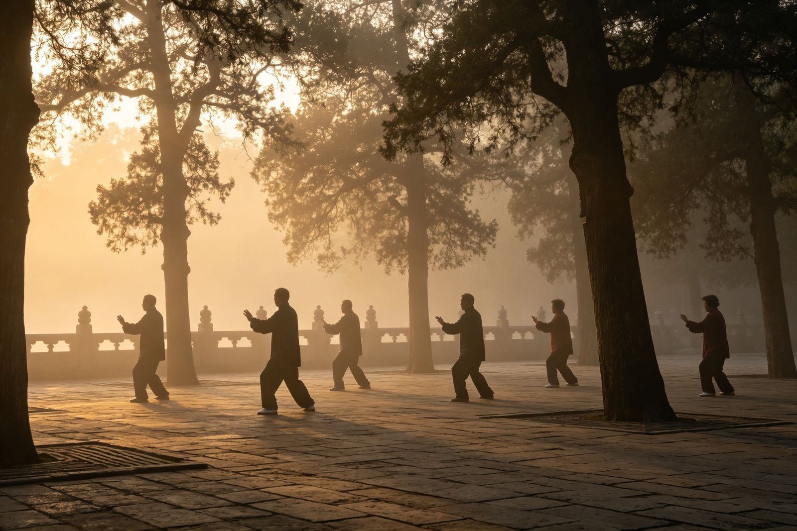 A morning tai chi class practising through mist in a Chinese park at dawn