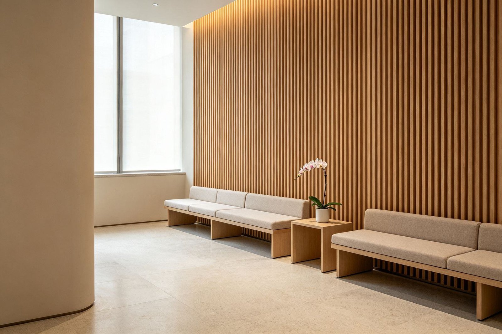 The waiting area of a private health screening centre in China, empty and calm