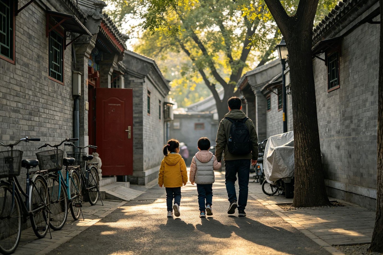 A narrow Beijing hutong lane in soft morning light, grey brick courtyard walls