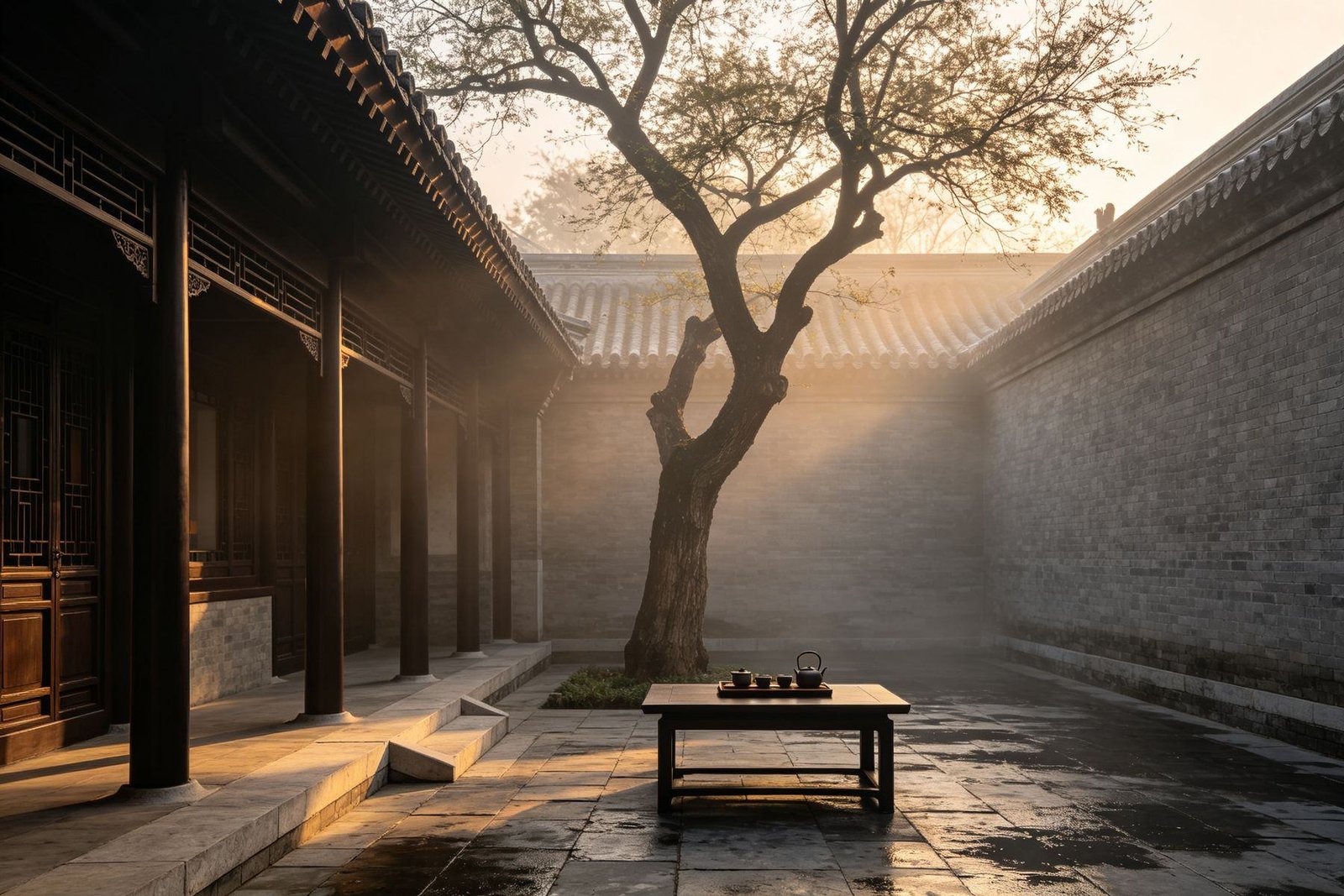 The Forbidden City in Beijing at dawn, empty golden courtyards before opening hours