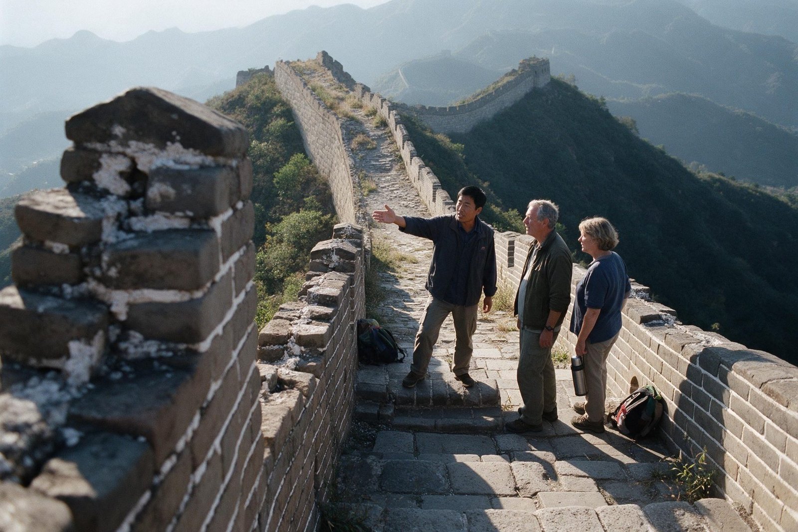 A guide explains something to two walkers on an empty half-restored stretch of the Great Wall on an autumn morning, with the wall running away along the ridge behind them.
