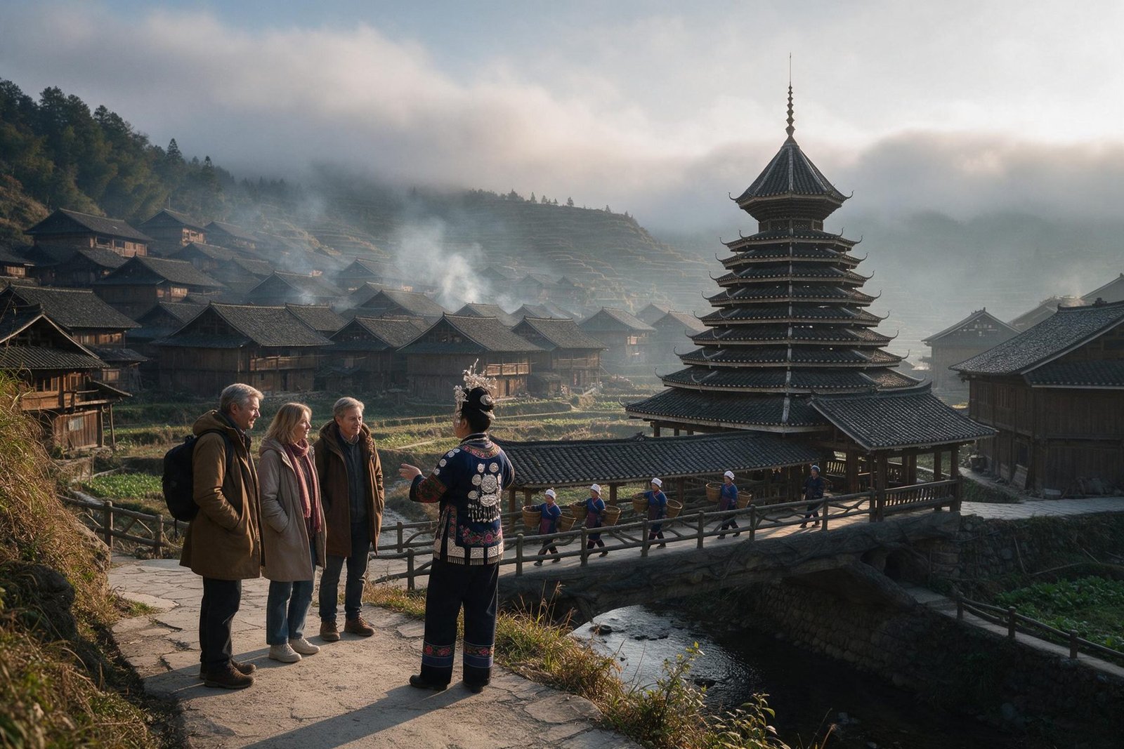 Three visitors and a guide in indigo and silver beside a timber drum tower, with a covered bridge and terraced fields behind.