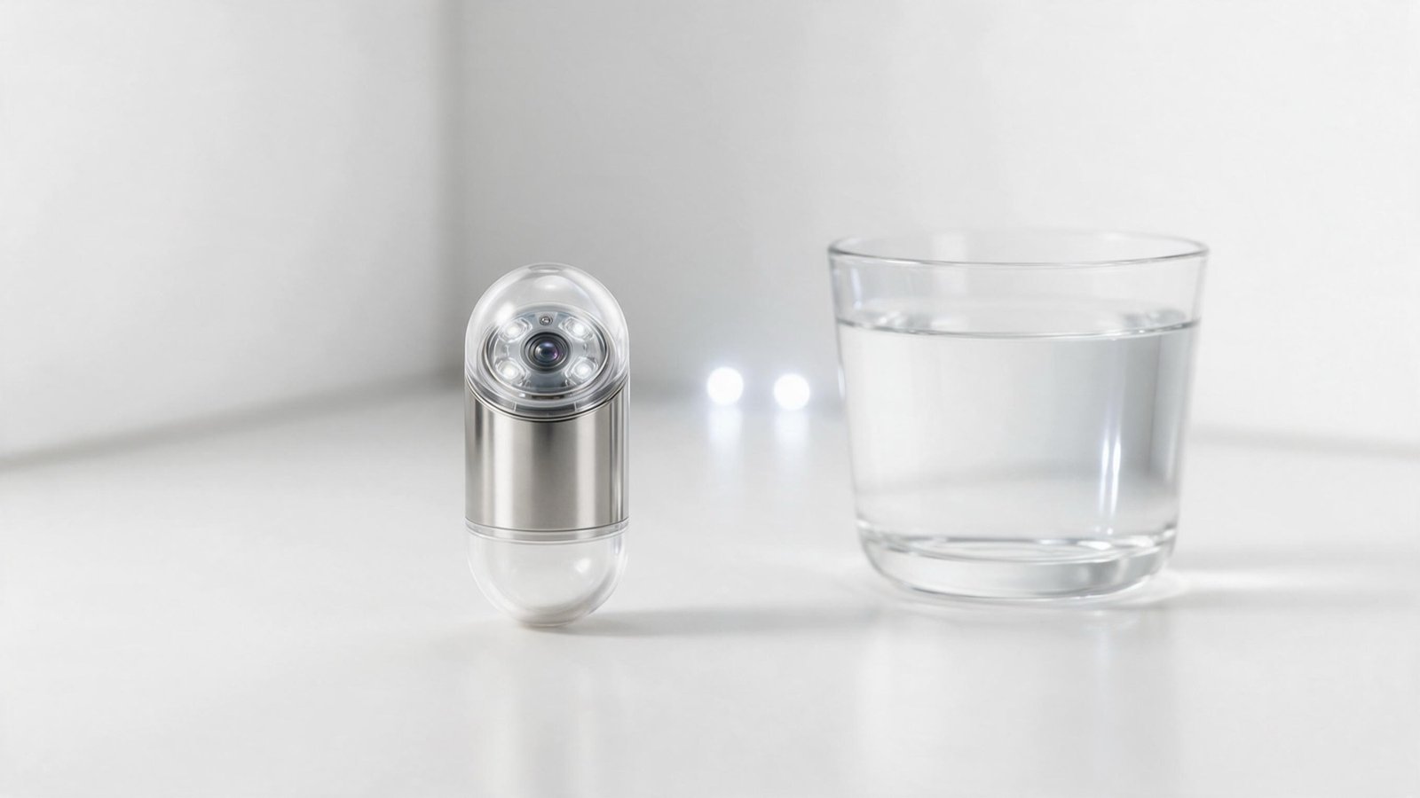 A capsule endoscopy camera next to a glass of water