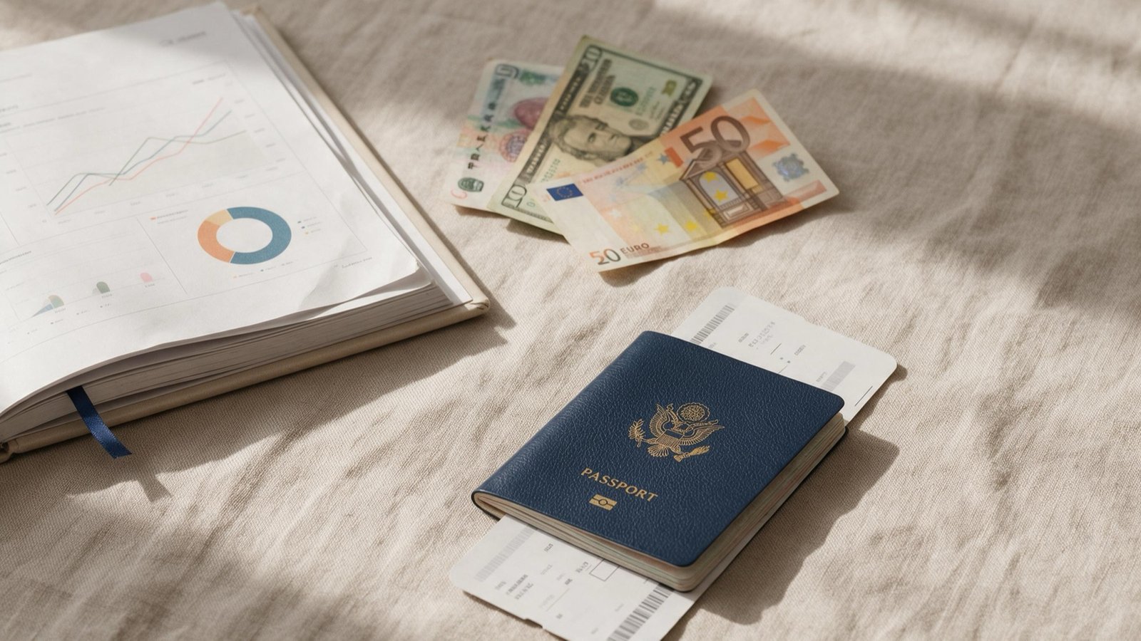 Health report, passport and currency notes comparing checkup costs