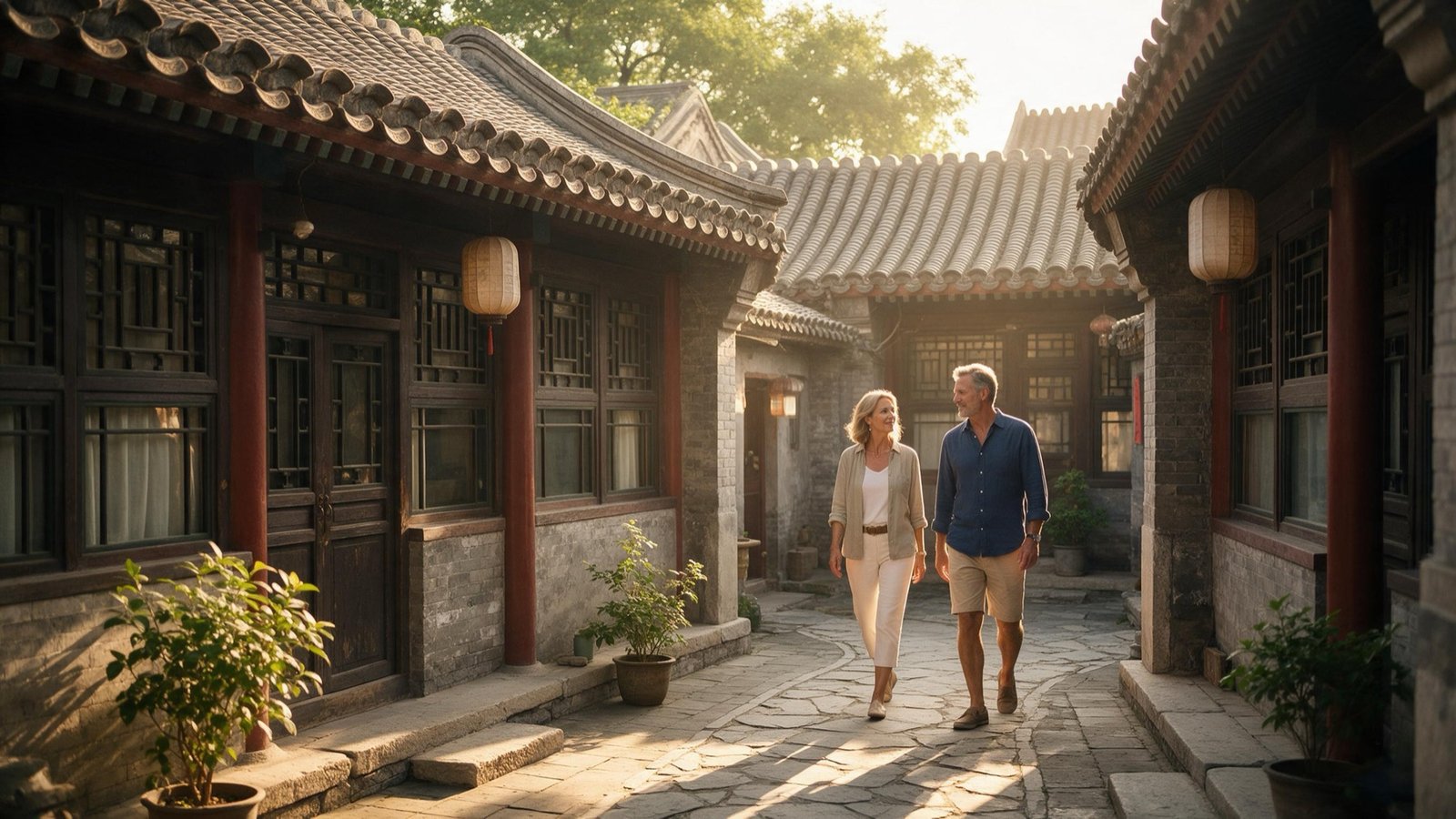European travellers exploring a Beijing hutong on a visa-free trip