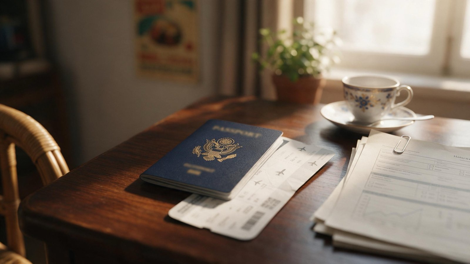 US passport, boarding passes and a health report — the 240-hour stopover trip