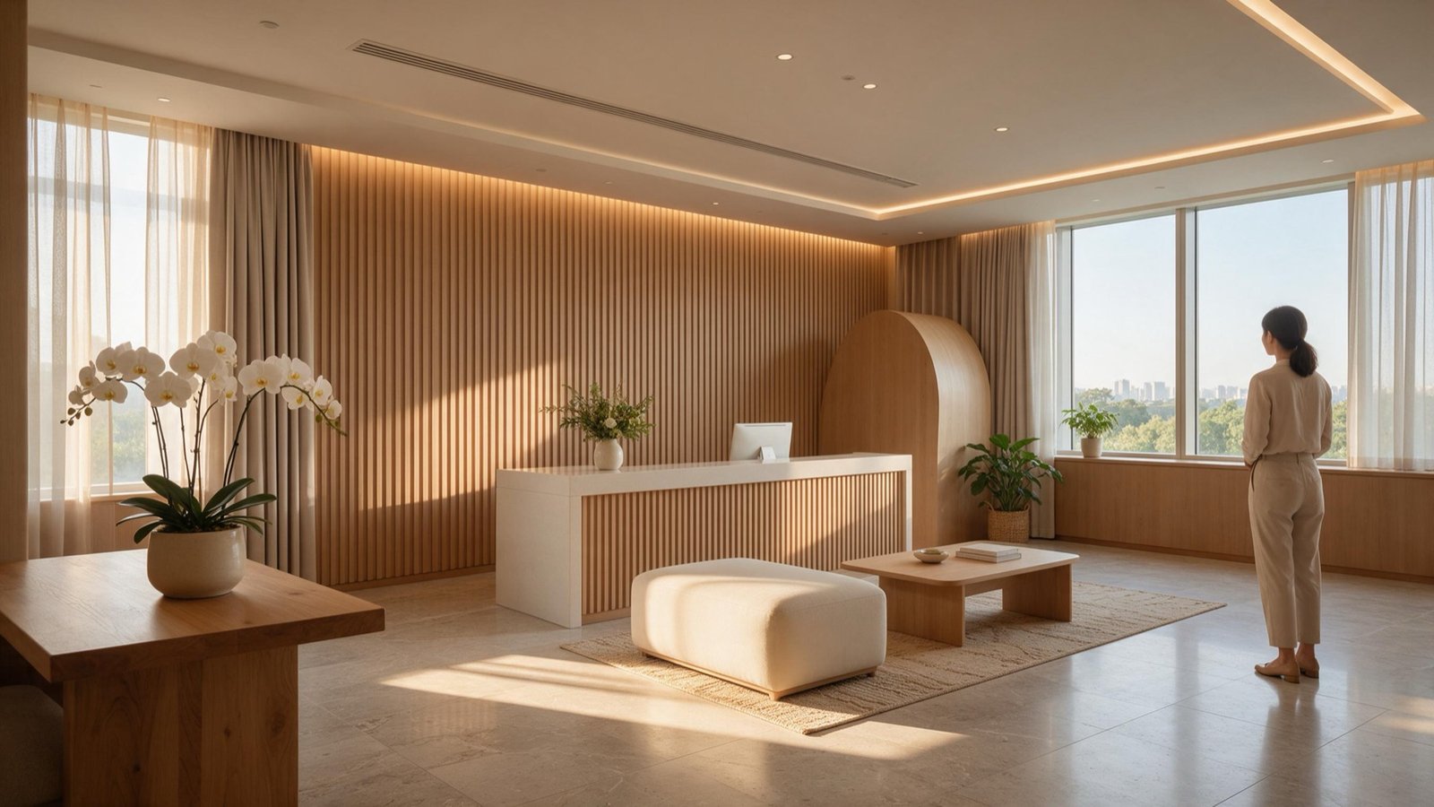 Reception lounge of a premium health screening center in China in warm morning light