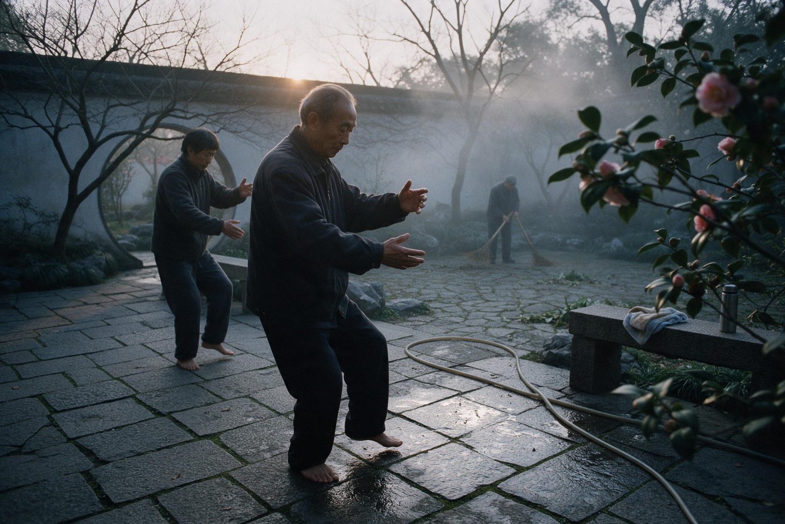 An elderly tai chi teacher practises with one student on damp flagstones in a walled garden very early on a misty morning while a gardener sweeps at the far end.