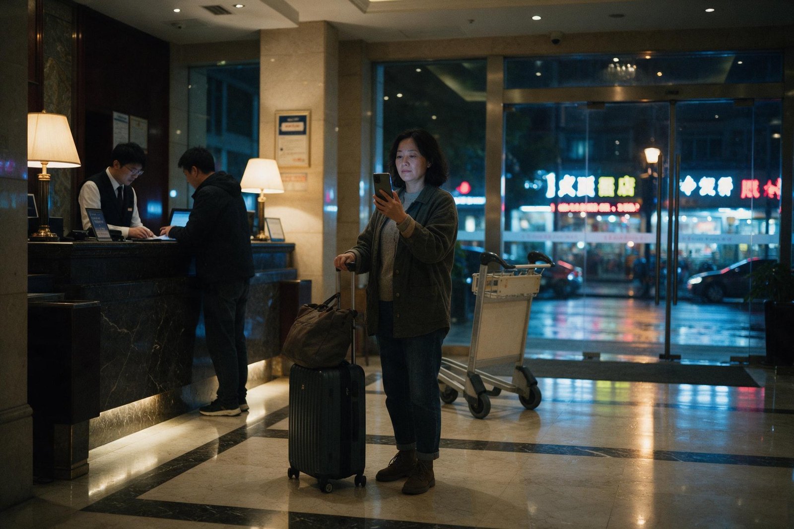 A traveller stands with her suitcase in a hotel lobby near midnight, looking at her phone, a night clerk at the desk behind her.