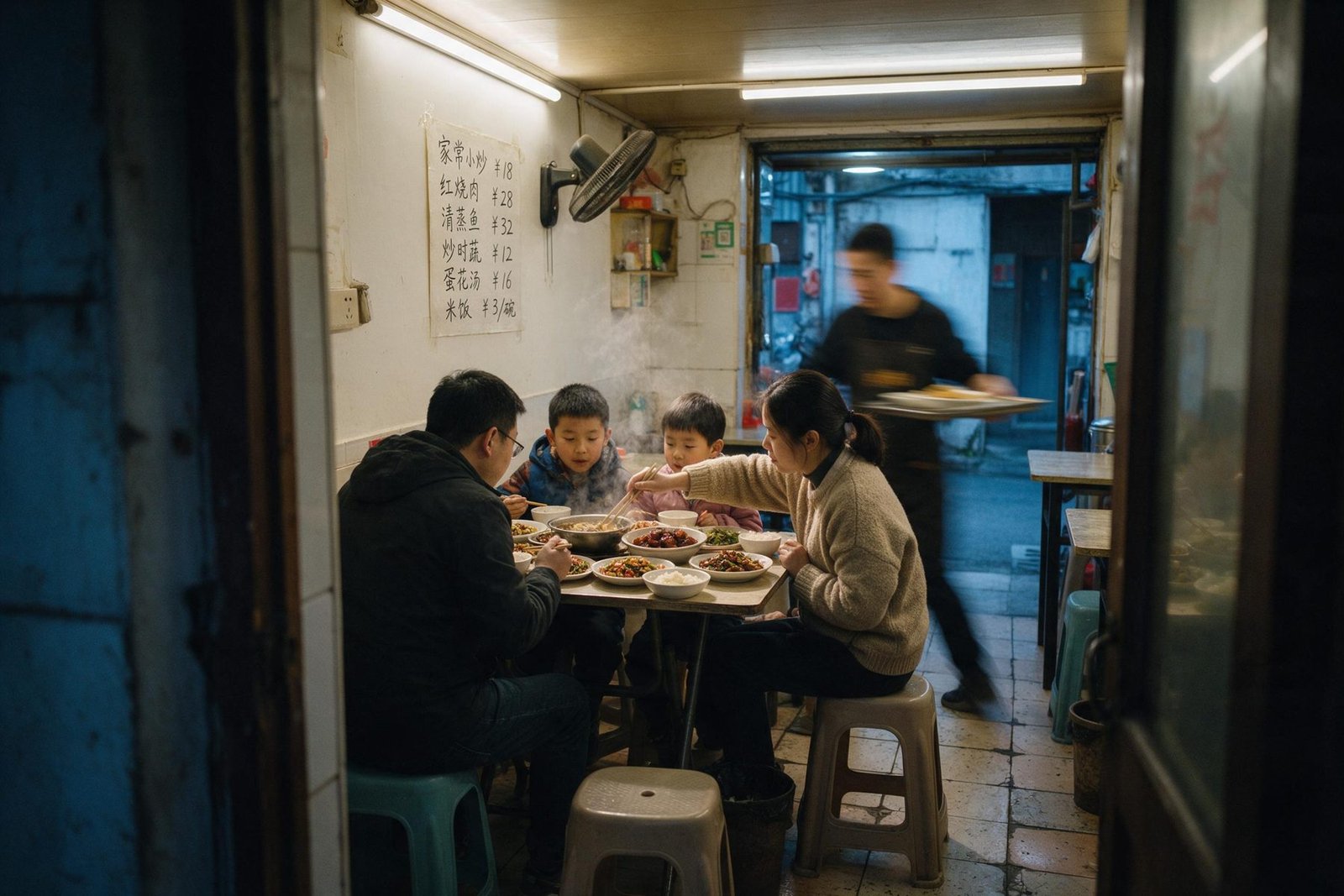 A family eating at the nearest table in a small lane restaurant, a waiter crossing with a tray.