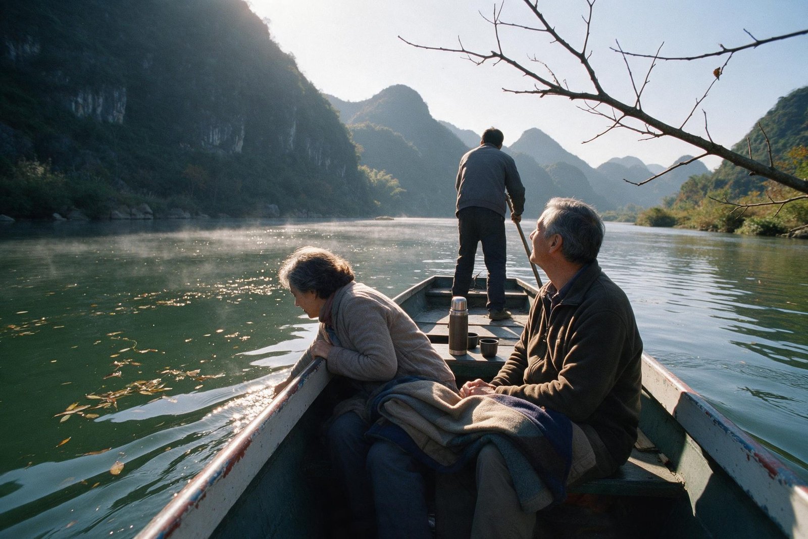 An older couple sit in the stern of a small boat on a green river between hazy limestone hills on a clear autumn morning while a boatman poles from the front.