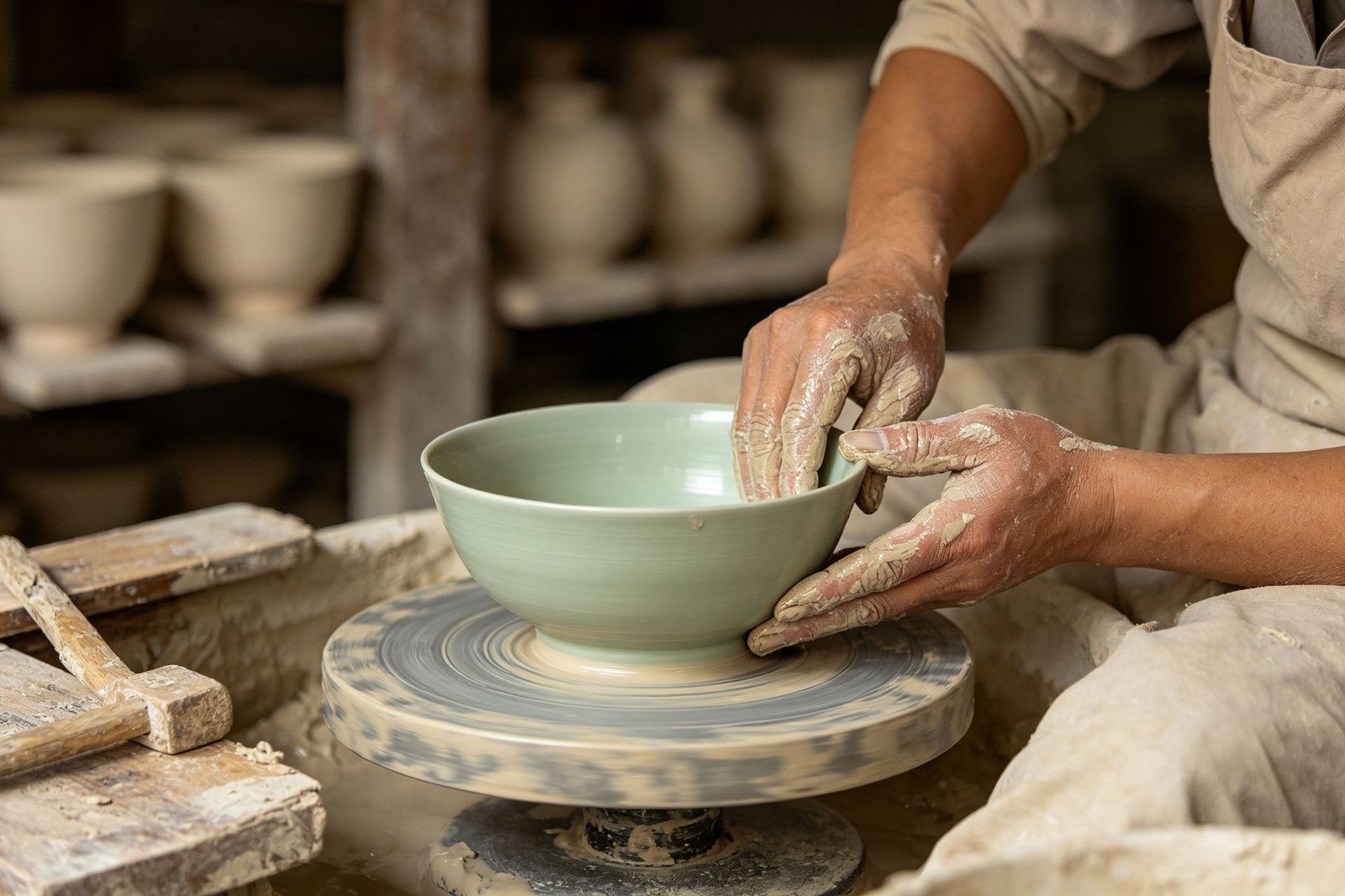 A potter shaping a celadon bowl on the wheel in a Jingdezhen porcelain studio