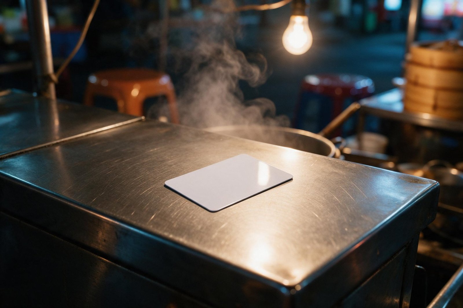 A blank credit card resting on a night market food-stall counter under one warm bulb, steam drifting past