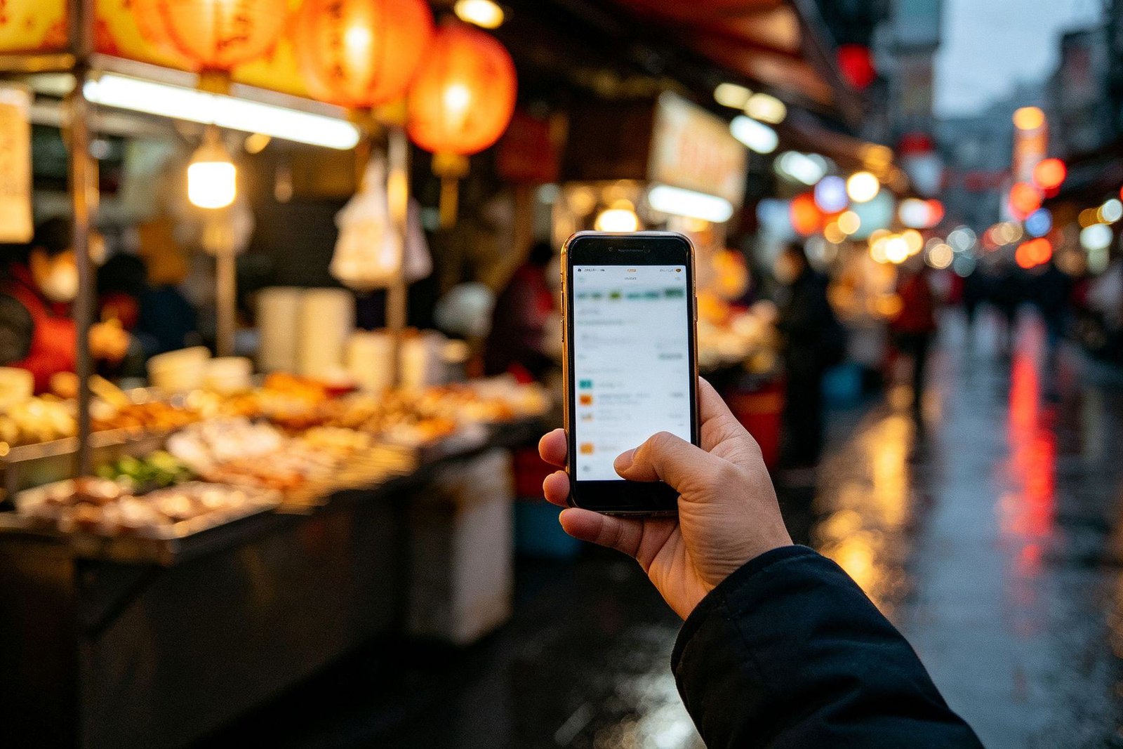 A hand holding a smartphone running a Chinese map app with a route line over a Shanghai street