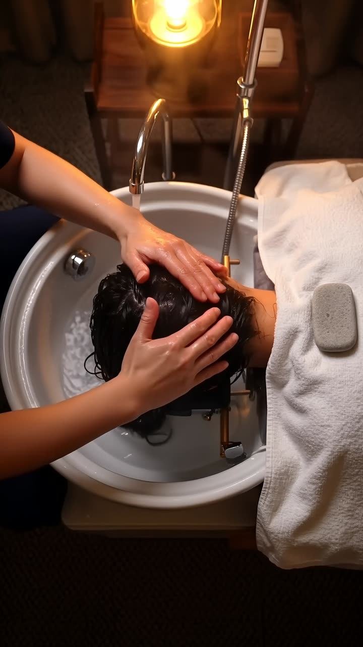 A head spa treatment, warm water running through hair over a ceramic basin