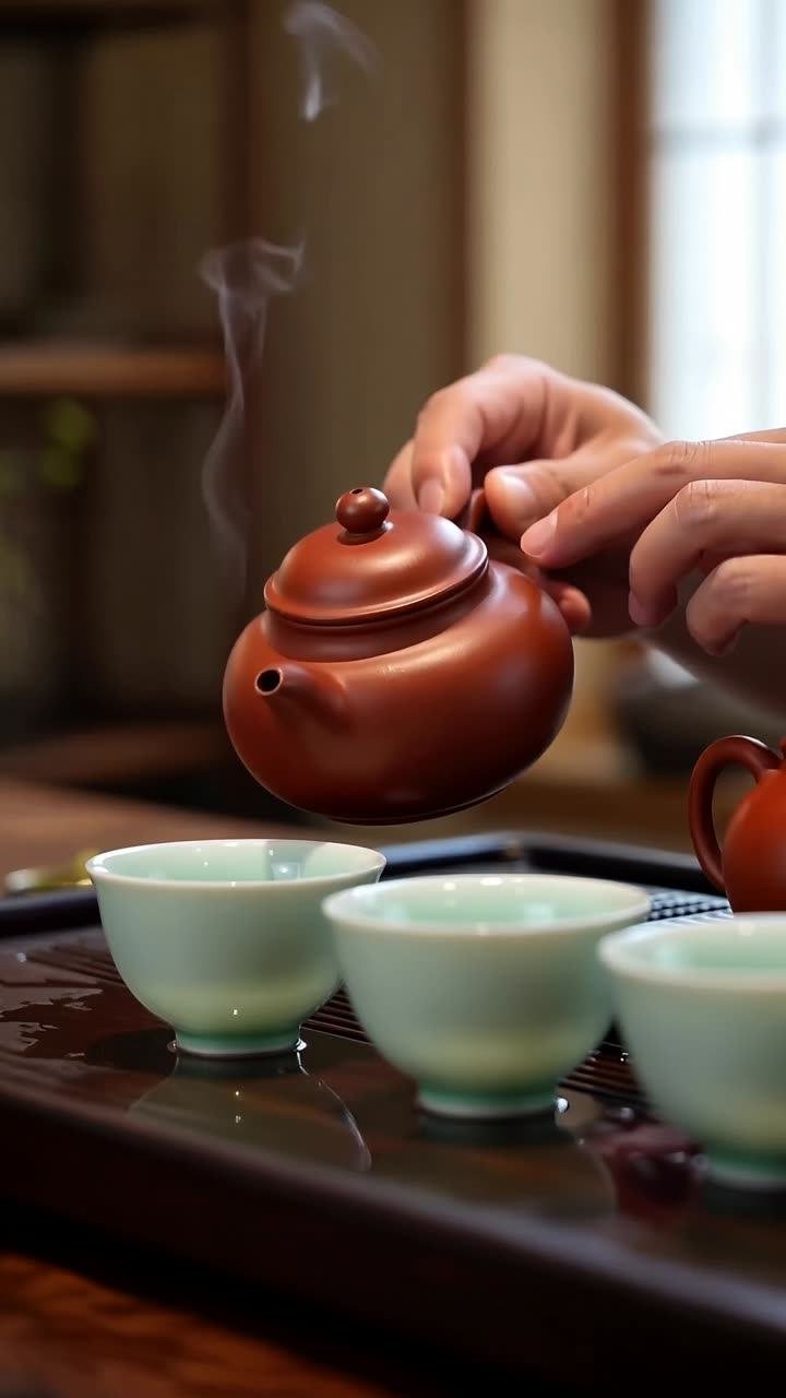 Hands pouring a Chinese gongfu tea ceremony, steam rising from the cups