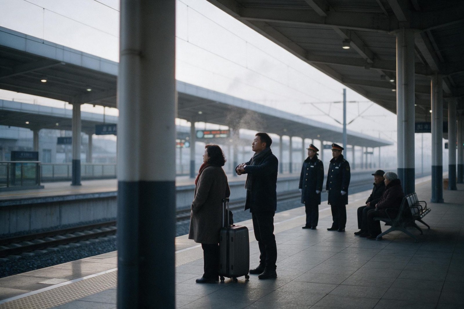 A traveller and her guide waiting on an almost empty provincial rail platform at dawn.