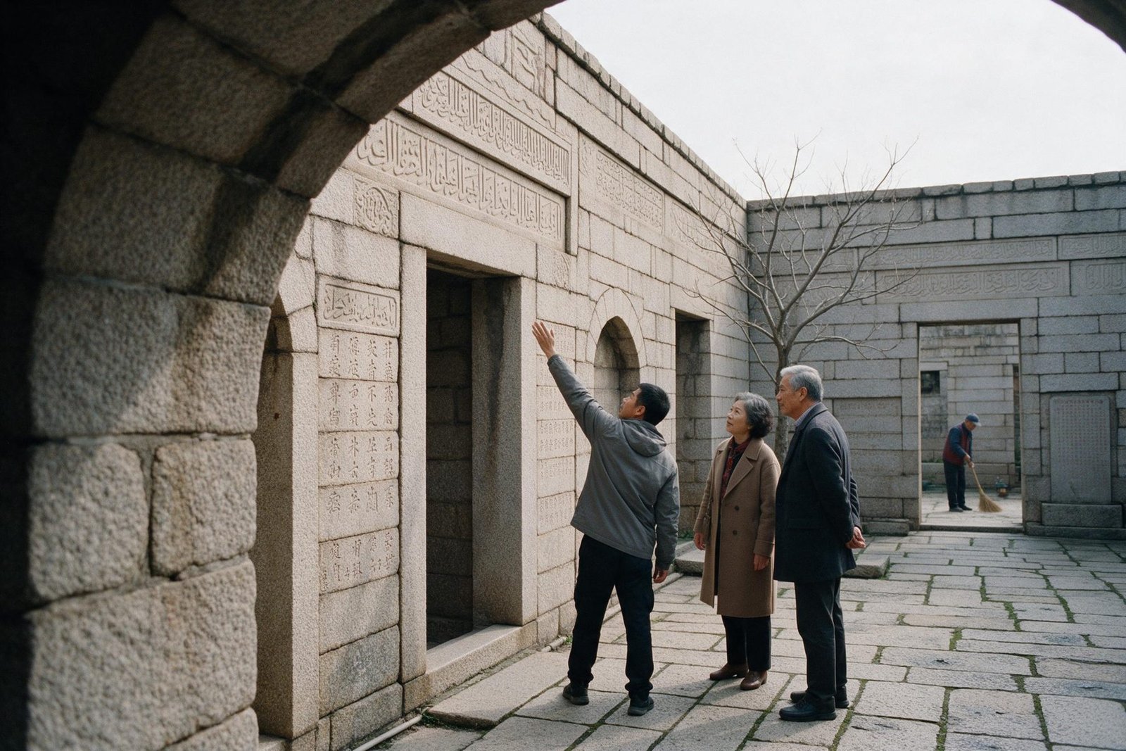 A couple and their guide standing in the granite courtyard of an ancient mosque in Quanzhou, the guide pointing up at carved inscriptions.