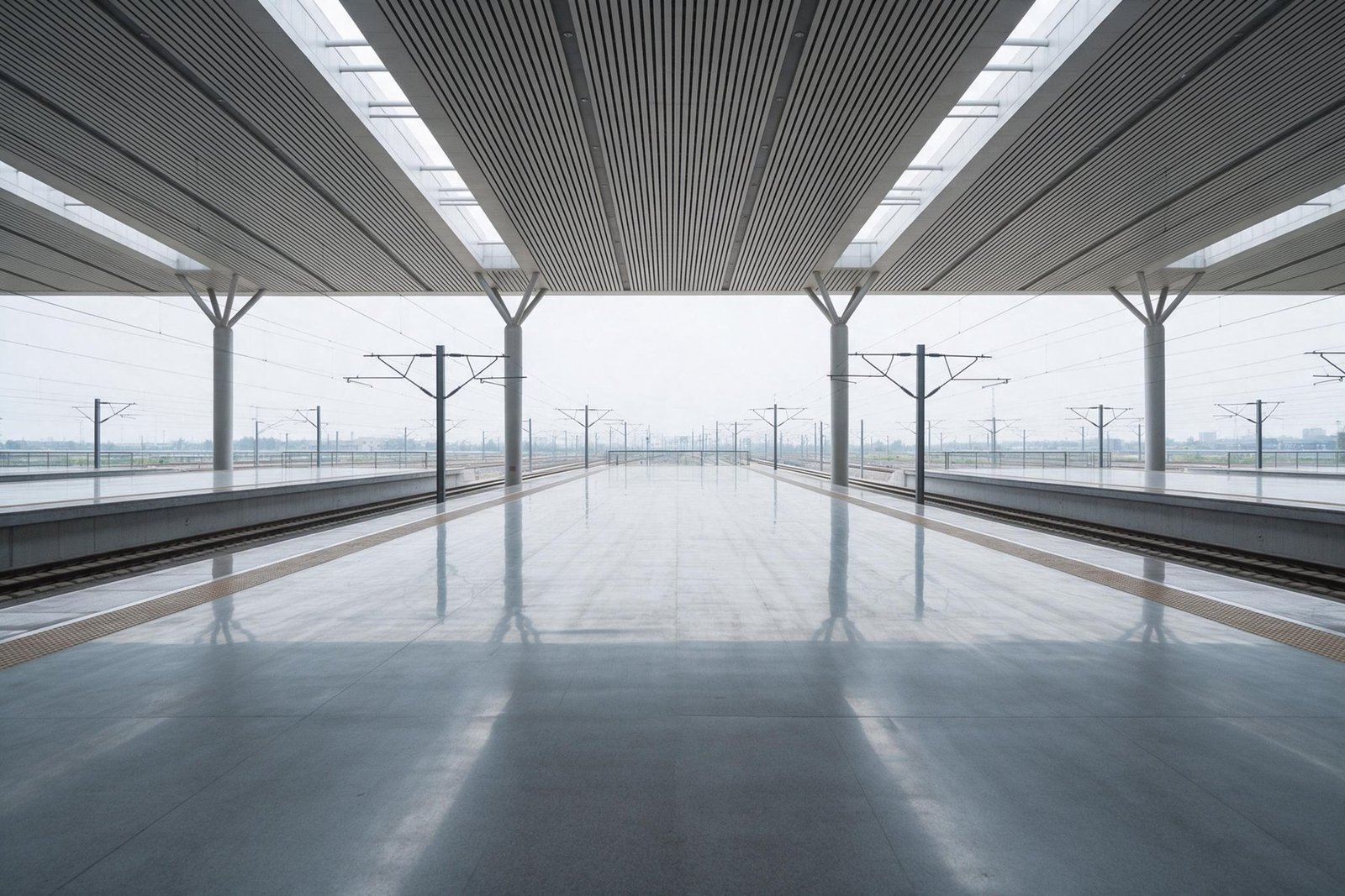 An empty high-speed rail platform under a long span roof, no signage, no people