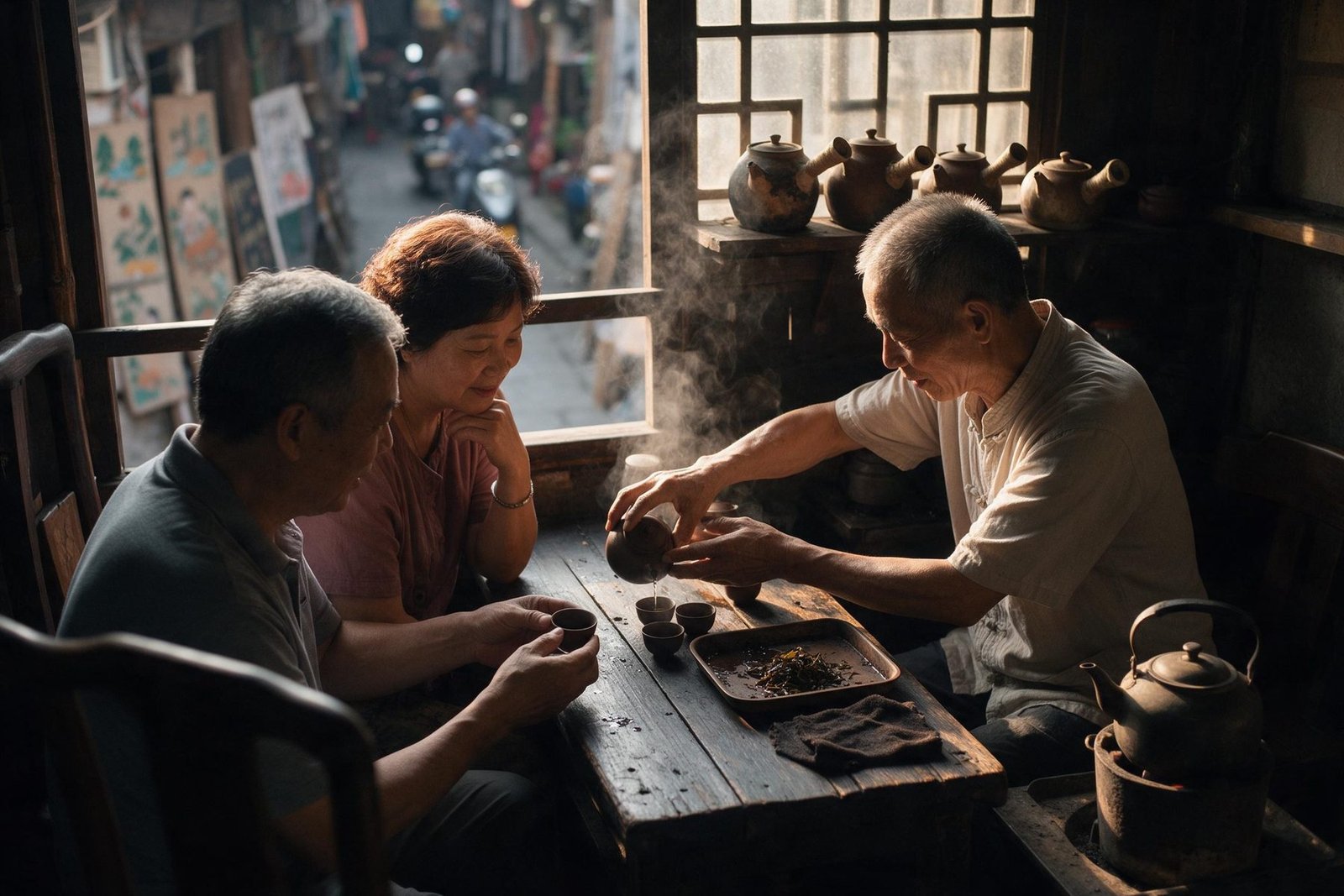 An elderly tea maker pours from a small clay pot into thimble cups across a worn table while a couple watch his hands in a small upstairs tea room.