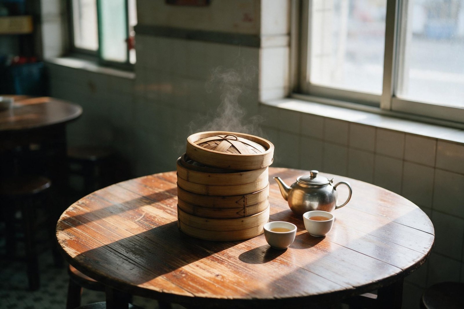A stack of bamboo steamers and a metal teapot on a worn round tabletop in morning light