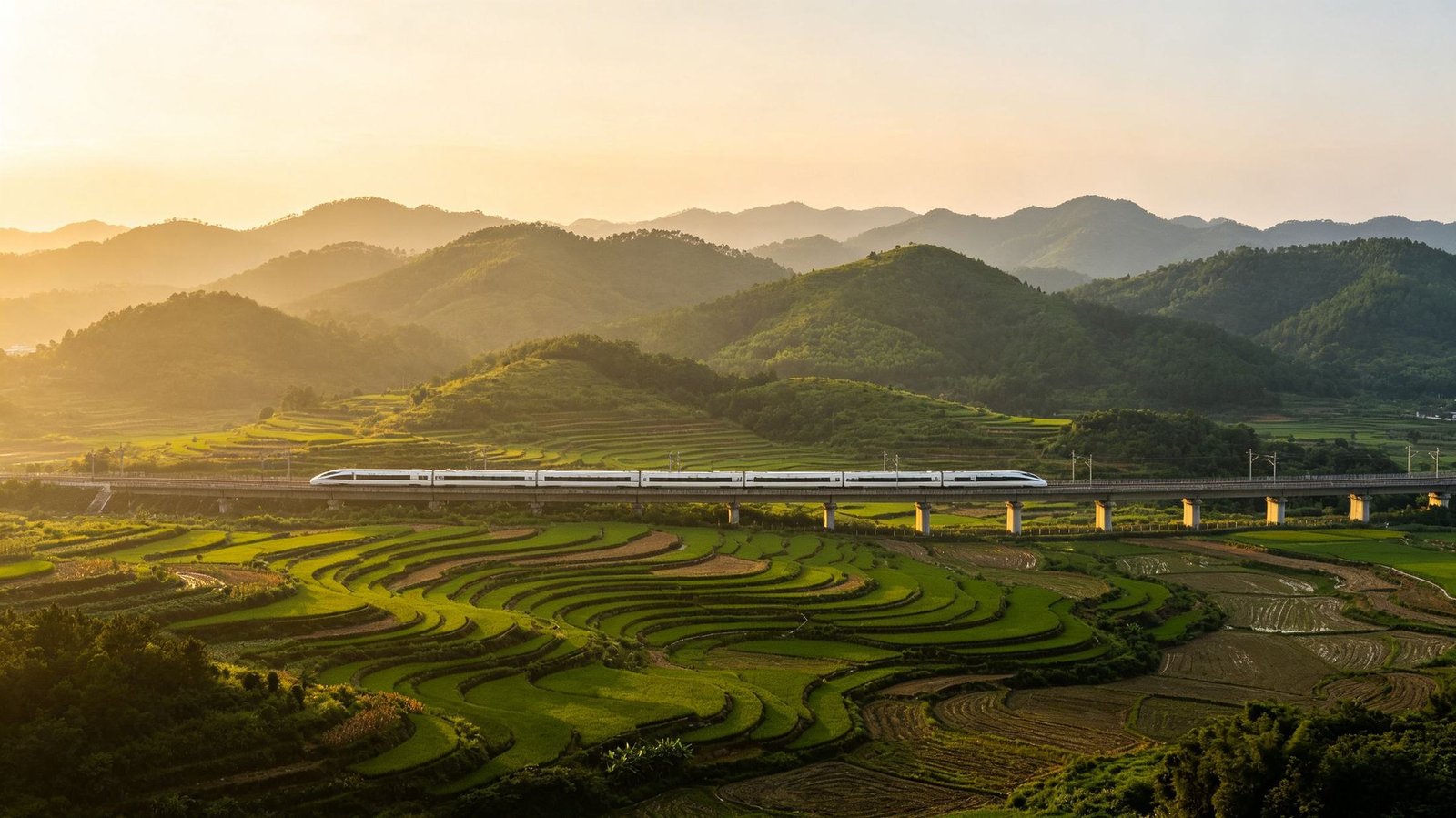 A Chinese high-speed train crossing terraced farmland in late afternoon light