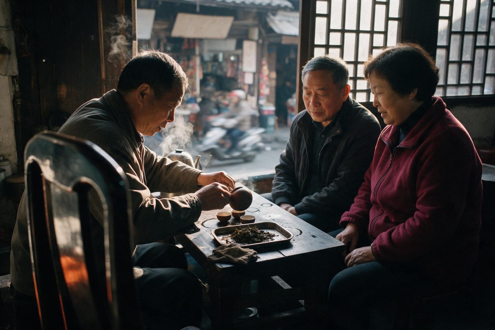 An older tea maker pours from a small clay pot into thimble cups in an upstairs tea room while a couple watch his hands, with a busy lane visible through the window.