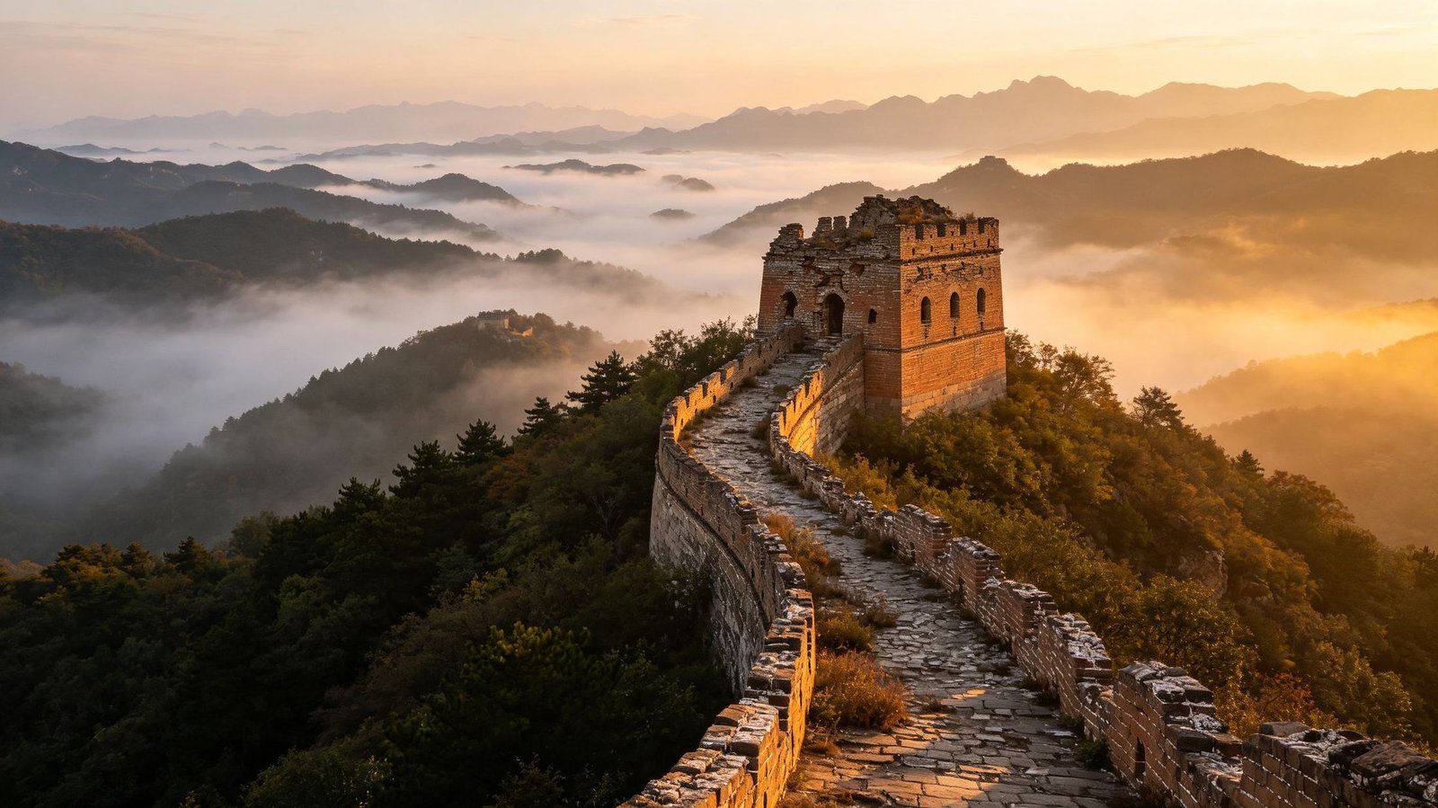 A quiet wild stretch of the Great Wall near Beijing at dawn, mist along the ridge